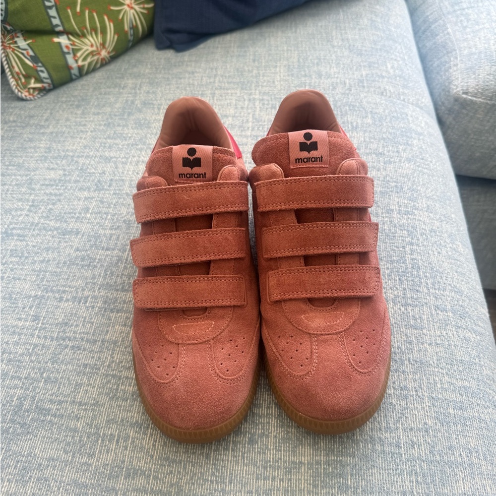 Worn ONCE like new Isabel Marant Pink Suede Velcro Sneakers with Red Accent - Picture 3 of 7
